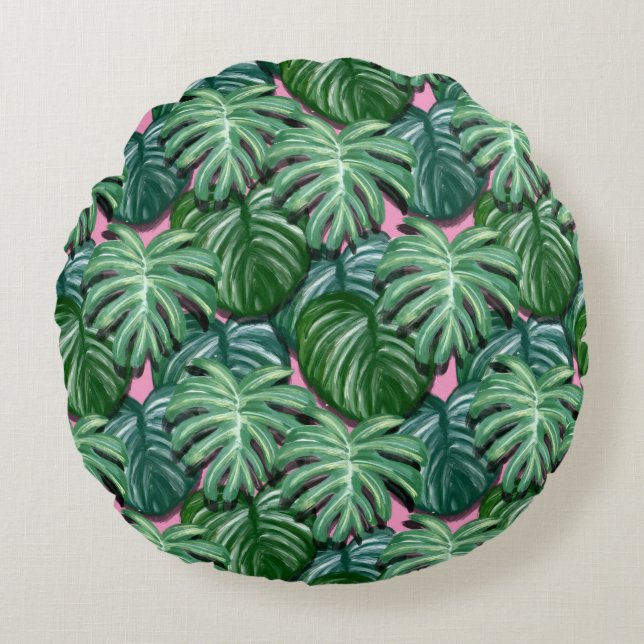Coussins Ronds Feuillage Feuille tropical vert & vert (Devant)