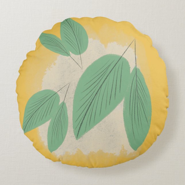 Coussins Ronds Feuilles Abstraites Verdure Illustration Jaune (Devant)