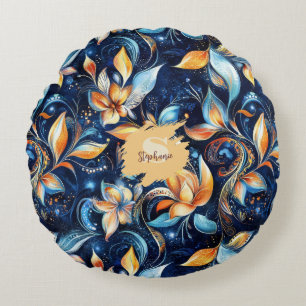 Coussins Ronds Feuilles Abstraits de marguerite bleu et or (2)