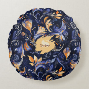 Coussins Ronds Feuilles Abstraits Paisley bleu et or