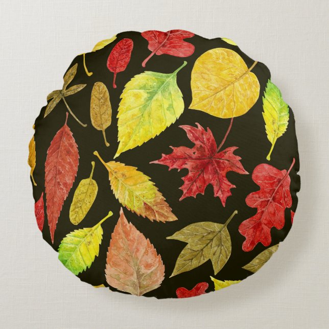 Coussins Ronds Feuilles d'automne aquarelle foncée (Devant)