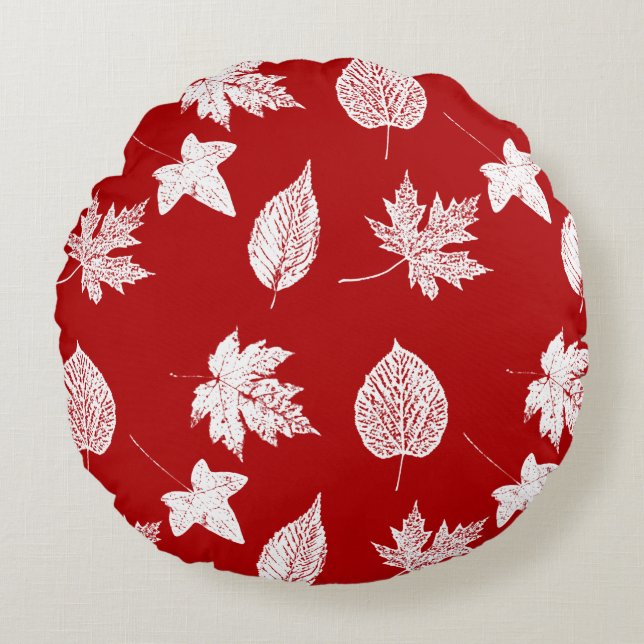 Coussins Ronds Feuilles d'automne - blanc et rouge foncé (Devant)