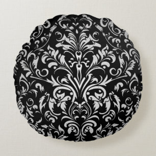Coussins Ronds Feuilles de Damas ornementales blanches sur fond n