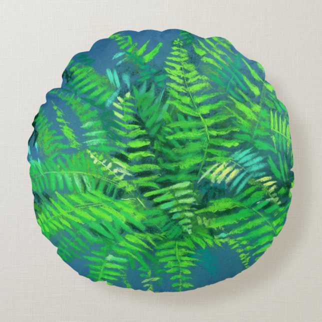 Coussins Ronds Feuilles de fougères, design floral, verdure, bleu (Devant)