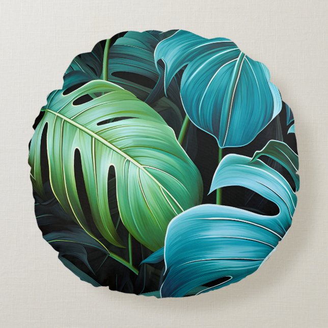 Coussins Ronds Feuilles de Monstera Botanique Feuillage Jungle Tr (Devant)
