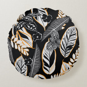 Coussins Ronds Feuilles de nuit tropicaux foncé et sans feuillage