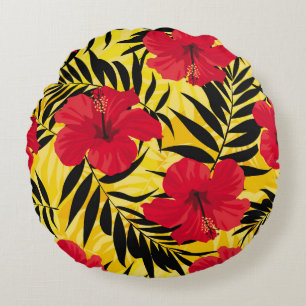 Coussins Ronds Feuilles de palmiers à fleurs tropicales, motif vi