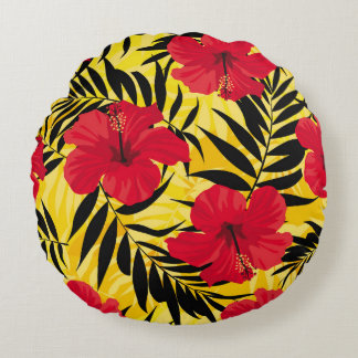 Coussins Ronds Feuilles de palmiers à fleurs tropicales, motif vi