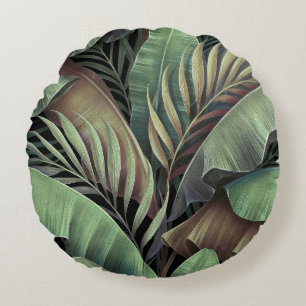 Coussins Ronds Feuilles de palmiers tropicaux, illustration 3D de
