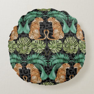 Coussins Ronds Feuilles de tigres : Aquarelle Jungle sans joint.