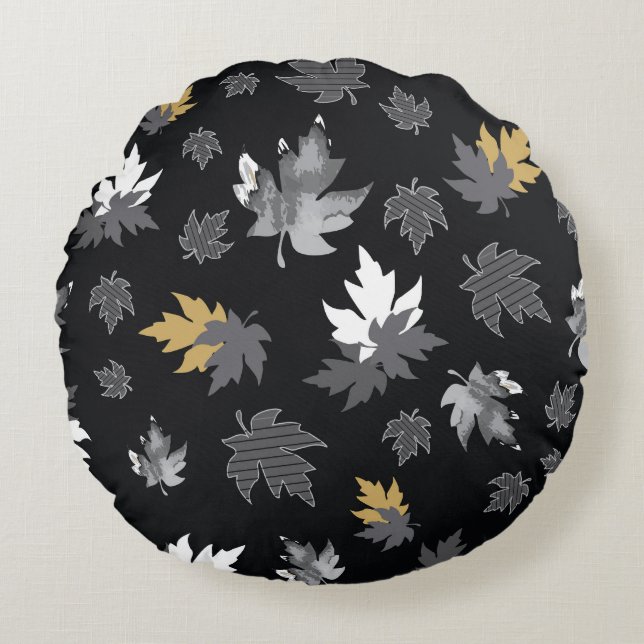 Coussins Ronds Feuilles épars sur noir (Devant)