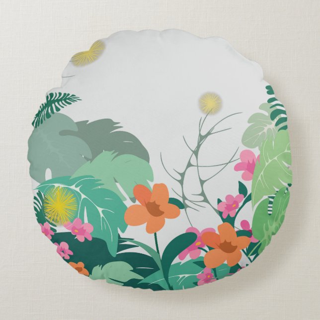Coussins Ronds Feuilles et Fleurs Tropicales Pastel (Devant)