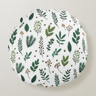 Coussins Ronds Feuilles et fleurs vertes sur blanc