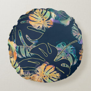 Coussins Ronds Feuilles exotiques peints à la main : motif sans c