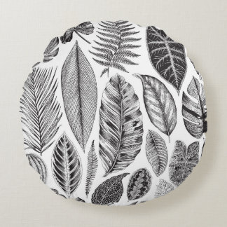 Coussins Ronds Feuilles exotiques, vintage floral noir et blanc.