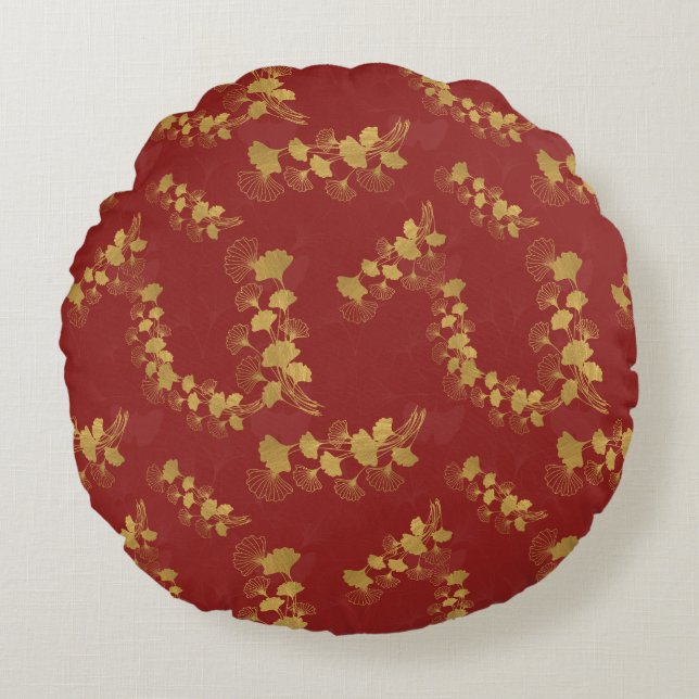 Coussins Ronds Feuilles Gold Gingko Balboa sur Arrière - plan rou (Devant)