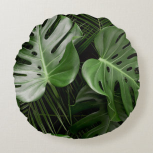 Coussins Ronds Feuilles Monstera, aménagement tropical de luxe.