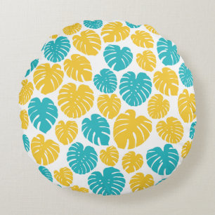Coussins Ronds Feuilles Monstera en Turquoise, Jaune et Blanc
