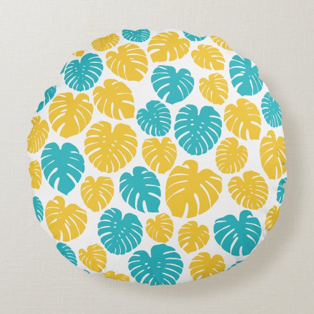 Coussins Ronds Feuilles Monstera en Turquoise, Jaune et Blanc (Devant)