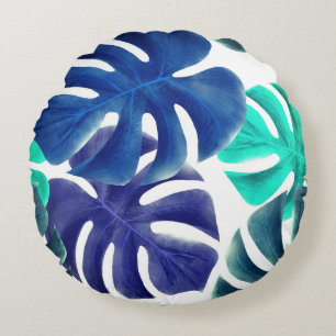 Coussins Ronds Feuilles Tropicales Bleues Ambiance Été