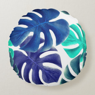 Coussins Ronds Feuilles Tropicales Bleues Ambiance Été