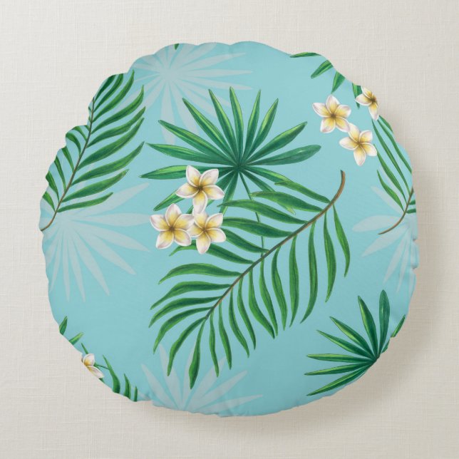 Coussins Ronds Feuilles tropicaux et fleurs (Devant)