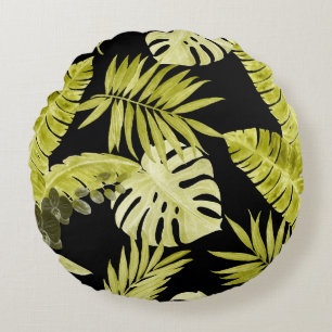 Coussins Ronds Feuilles tropicaux, orchidées, motif aquarelle.