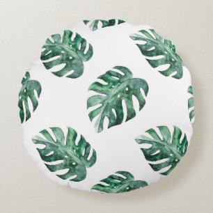 Coussins Ronds Feuilles tropicaux verts, motif aquarelle