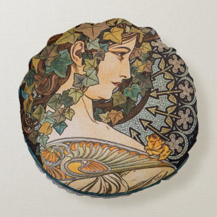 Coussins Ronds Fille aux Cheveux de Lierre Peinture d'Alphonse Mu