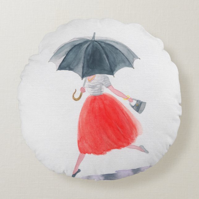 Coussins Ronds Fille avec parapluie sous la pluie. illustration d (Devant)