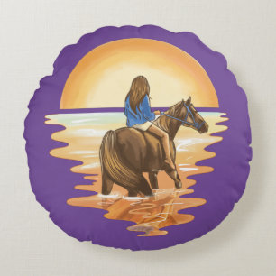 Coussins Ronds Fille chevauchant un cheval au coucher du soleil