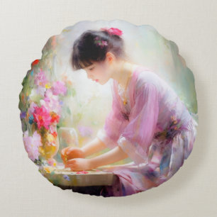 Coussins Ronds Fille dans le jardin des fleurs