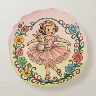 Coussins Ronds ~ Fille d'art vintage en tutu avec lapin ~