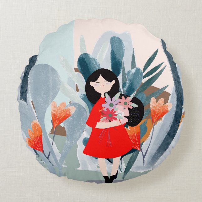 Coussins Ronds Fille en forêt, dessin animé vert nature. (Devant)