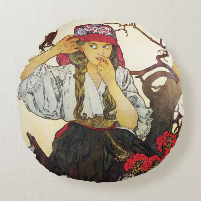 Coussins Ronds Fille et géranium, Alphonse Mucha Throw Pillow (Devant)