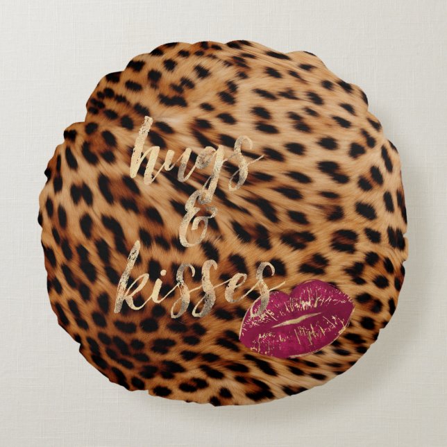 Coussins Ronds Fille Glam Leopard Hugs & Kisses Lips (Devant)