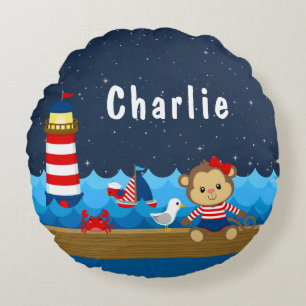Coussins Ronds Fille nautique singe rouge et marine