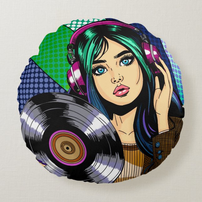 Coussins Ronds Fille Pop Art avec disque (Devant)