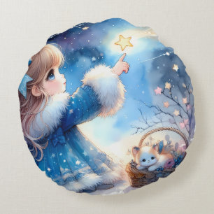 Coussins Ronds Fille rêveuse contemplant les étoiles à l'aquarell