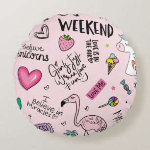 Coussins Ronds Filles concept amusant avec licorne, flamingo, cac
