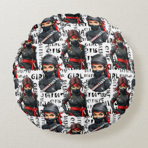Coussins Ronds Filles Ninja Anime avec motif de texte Design