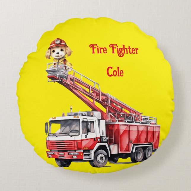 Coussins Ronds Firefighter Puppy on Ladder Fire Truck Round Pillo (Devant)