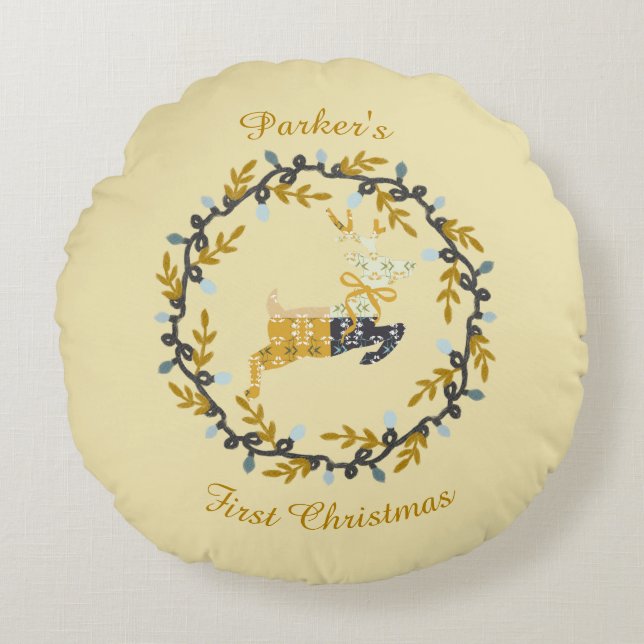 Coussins Ronds First Christmas Deer with Wreath Soft Yellow  (Devant)