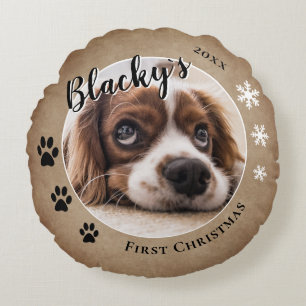 Coussins Ronds First Puppy Christmas Rustic Chien Nom Photo