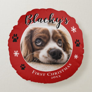 Coussins Ronds First Puppy Christmas Rustic Chien Nom Photo Rouge