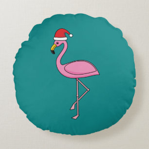 Coussins Ronds Flamant rose de Noël avec Santa Hat