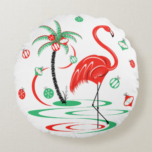 Coussins Ronds Flamant rose de Noël rouge Baubles