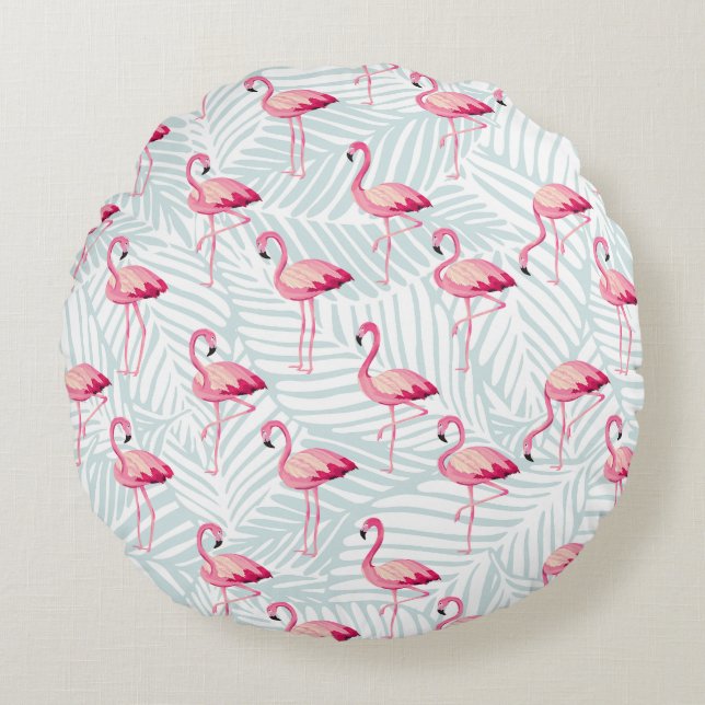 Coussins Ronds Flamant rose rose et Feuilles de palme - Cute (Devant)