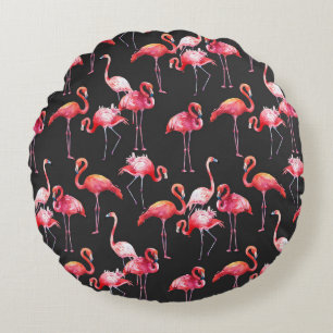 Coussins Ronds Flamant rose rose : Motif d'aquarelle tropicale.