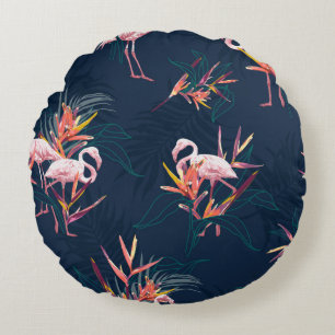 Coussins Ronds Flamant rose tropical Hawaii avec l'oiseau du Para